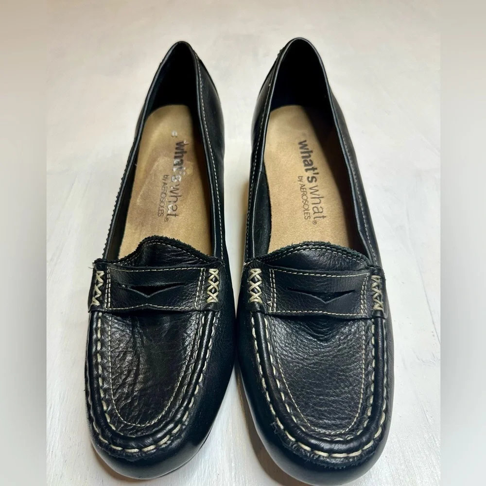 What’s What Aerosoles Black Leather Wedge Loafers Women’s 8 Twine N Dine
